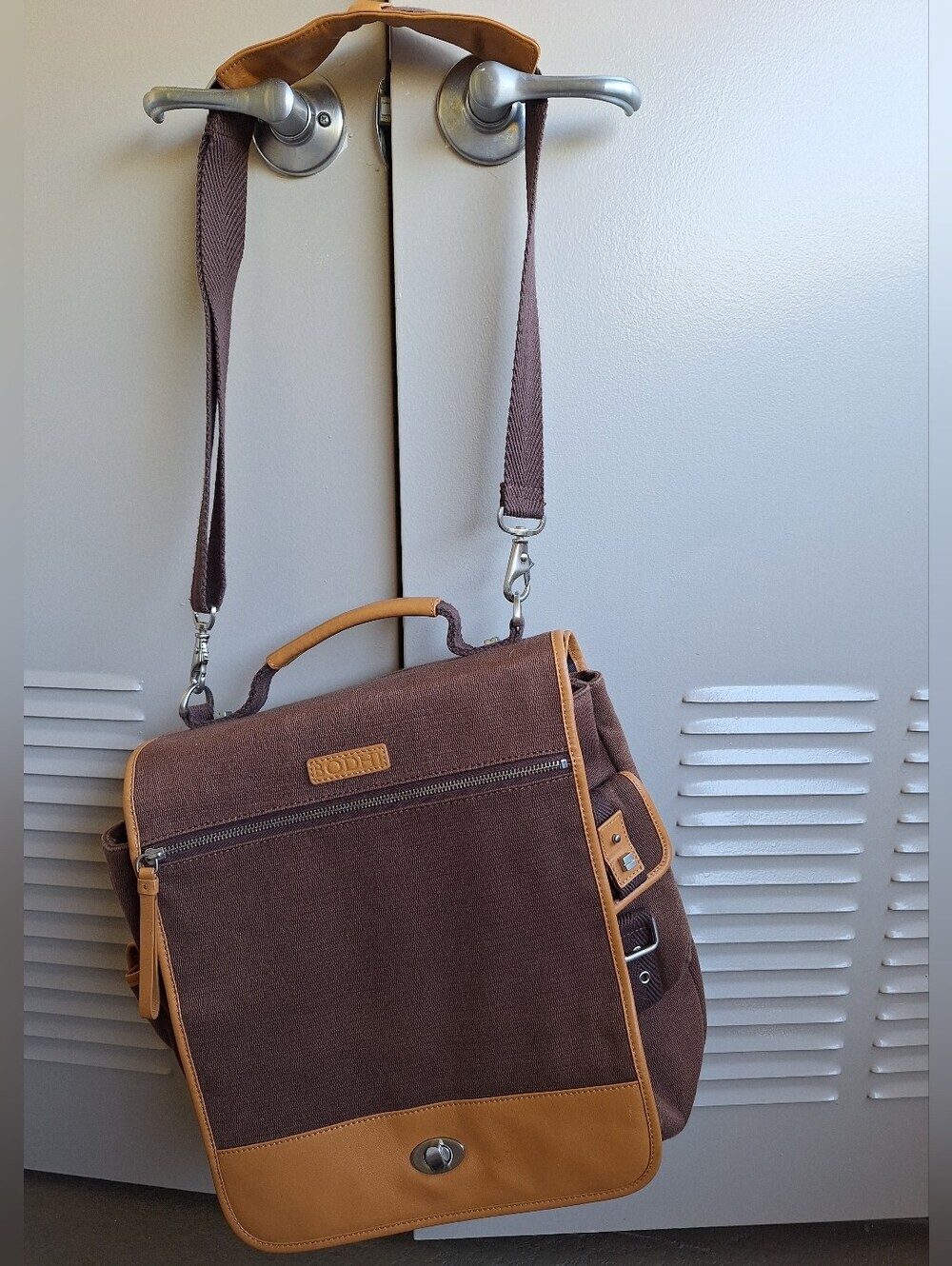 BODHI Genuine Leather & Canvas Messenger Bag Briefcase Brown 12x13"